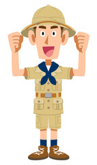ガッツポーズする探検家の服を着た男性
