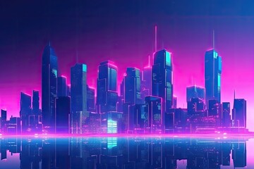 Naklejka na ściany i meble Modern city skyline with skyscrapers and office buildings. Generative AI