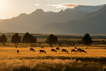 Fototapeta na wymiar herd of grazing deer, with mountain view. AI generative image.