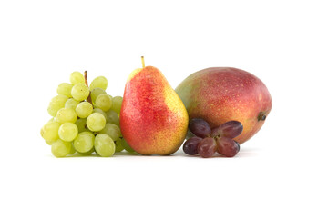 Multivitamin and juicy rich fruits over white background
