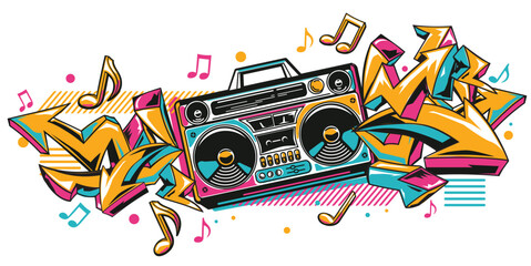Musical boom box tape recorder  with colorful  funky graffiti arrows and notes - obrazy, fototapety, plakaty
