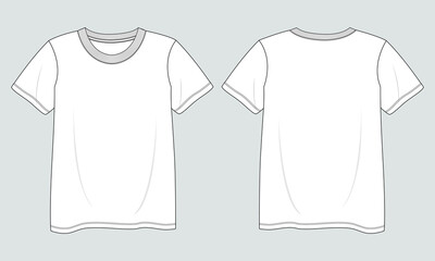Fototapeta premium Short sleeve T shirt shirt Technical Fashion flat sketch vector illustration template front and back views. Clothing design mock up for ladies isolated on grey background.