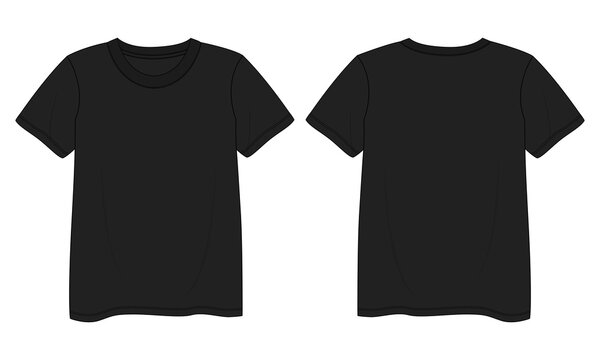 Short sleeve T shirt shirt Technical Fashion flat sketch vector illustration black color  template front and back views. Clothing design mock up for ladies isolated on White  background.
