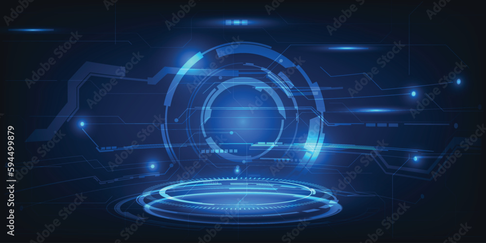 Poster vector illustrations of futuristic stage platform with digital element around for advertising and ga