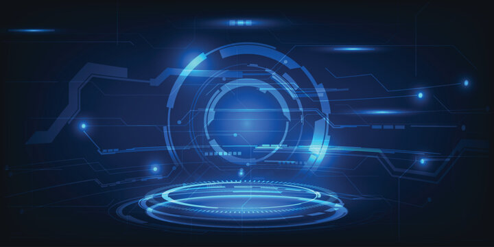 Vector illustrations of futuristic stage platform with digital element around for advertising and game artworks.Digital communication innovation and technology concept.