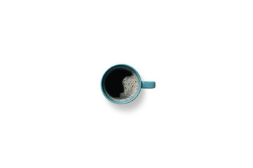 Black coffee with natural foam in blue cup isolated on white background isolated, clipping path included.