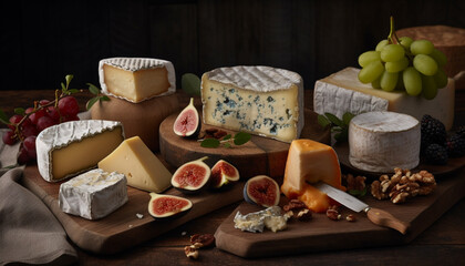 Variety of gourmet cheeses on rustic wood tray generated by AI