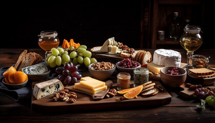 Healthy snack gourmet cheese, fruit, and nuts generated by AI