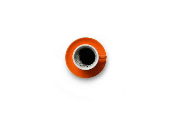 Black Coffee In An Orange Cup And Saucer Isolated On White Background With Clipping Path Inside.