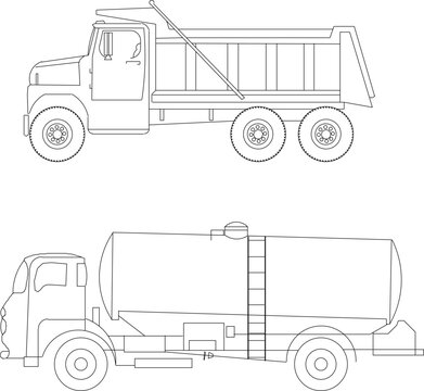 Vector sketch illustration set of industrial cars side view