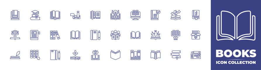 Books line icon collection. Editable stroke. Vector illustration. Containing read, ebooks, open book, check book, bookmark, knowledge, online store, book, finance book, law book, note book, and more.
