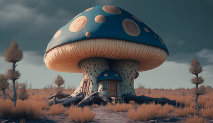 illustration of poisonous mushroom house,dwarf fairy housing from poisonous mushrooms generative ai