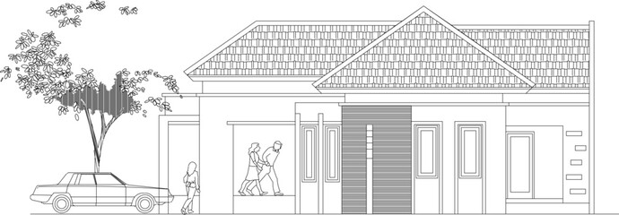 Vector sketch of young couple tropical house design illustration