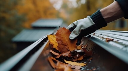 Cleaning the gutter from autumn leaves before winter season. Generative AI. - obrazy, fototapety, plakaty