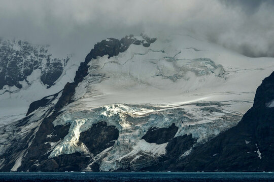 Slow covered glacier on south coast of Elephant Island in Antarctica