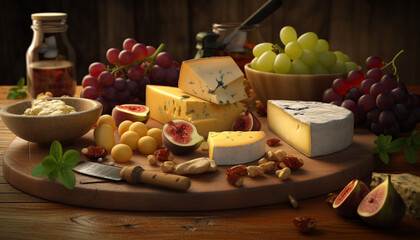 A gourmet cheese plate on rustic wooden plank generated by AI