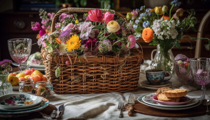 Obraz na płótnie Canvas Freshly picked flowers adorn rustic basket centerpiece generated by AI
