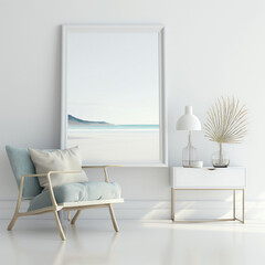 modern living room mockup empty frame in a serene coastal interior with light colors, Generative AI