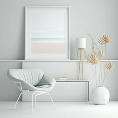 Mockup empty frame in a minimalist coastal interior with pastel colors, Generative AI