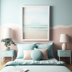 modern living bed room mockup empty frame in a peaceful coastal - themed pastel room, Generative AI