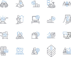 Selling and surplus line icons collection. Auctions, Clearance, Inventory, Liquidation, Merchandise, Overstock, Resale vector and linear illustration. Bargain,Disposal,Dumping outline signs set