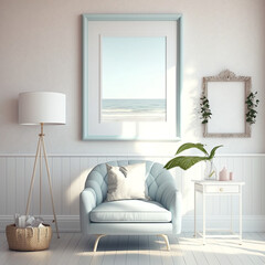 Mockup empty frame in a peaceful coastal - themed pastel room, Generative AI