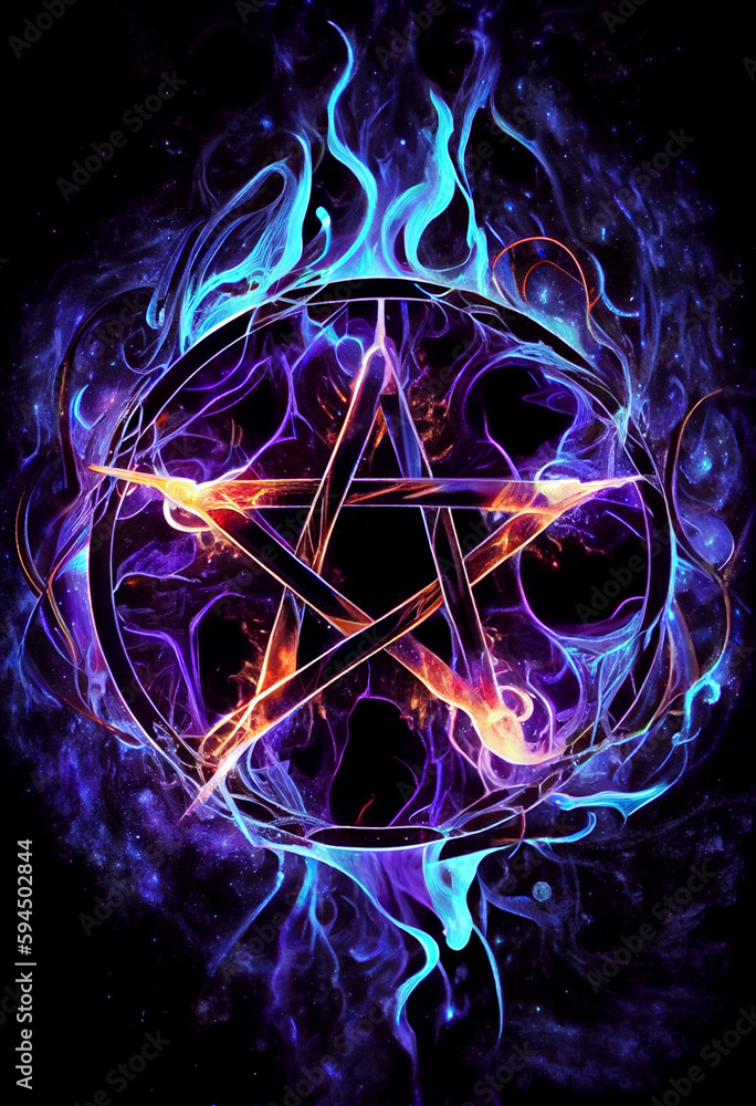 Wall mural orange flame pentagram neon plasma in sky