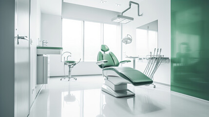 Modern Dental Clinic, Dentist chair and other accessories used by dentists in green medical light. Dental surgeon, is a surgeon who specializes in dentistry and treatment of conditions of oral cavity.