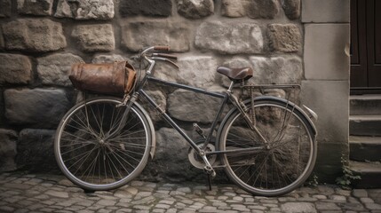 Naklejka na ściany i meble A bicycle leaning against a stone wall in a historic city