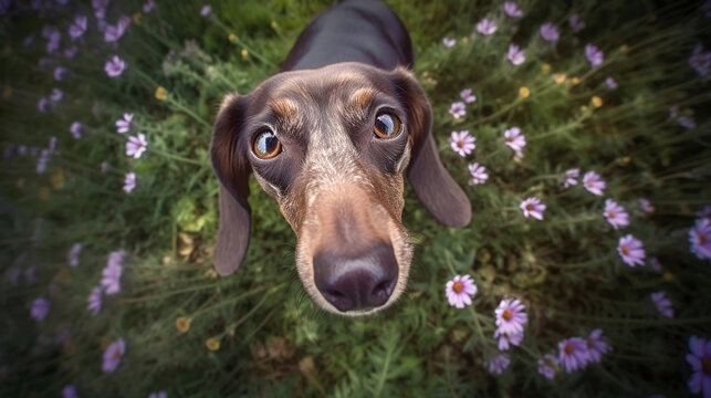 Generative Ai image of a cute dachshund surrounded by a field of flowers