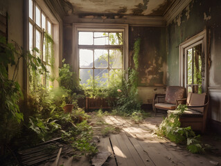 An abandoned room in a house with plants growing, generative AI