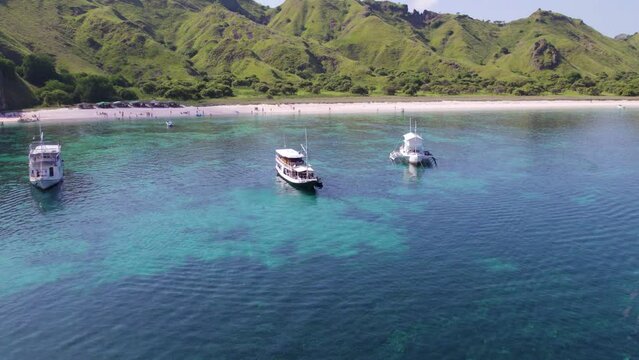 Tourism Boats in Komodo Island Beach Bay - Picturesque Aerial Landscape