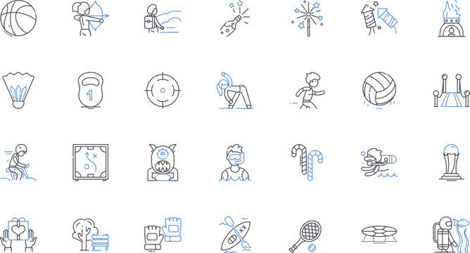 Days off and physical activity line icons collection. Rest, Exercise, Leisure, Adventure, Hiking, Running, Yoga vector and linear illustration. Cycling,Swimming,Climbing outline signs set