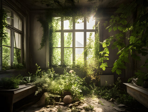 An abandoned room in a house with plants growing, generative AI