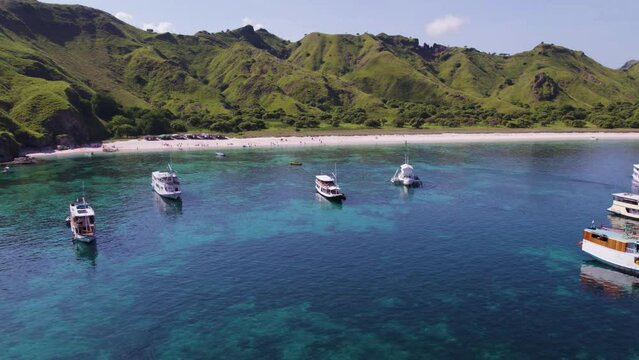 Tourism Yacht Boats in Tropical Komodo Island Bay, Paradisiacal Aerial
