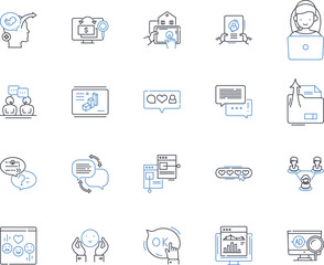 Mobile advertising line icons collection. Adtech, App, Banner, Clickthrough, Conversion, CPI Cost per Install, CTR Clickthrough Rate vector and linear illustration. Gamification,Geofencing,Impressions