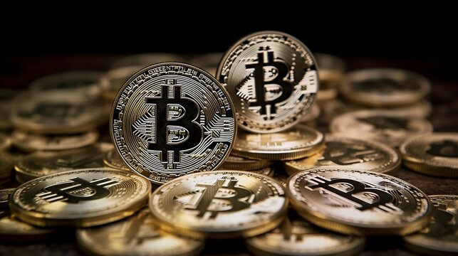 Muchas monedas de bitcoin, criptomonedas 