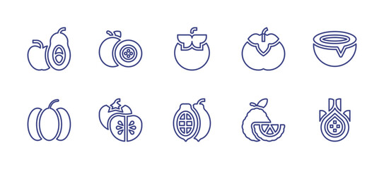 Fruit line icon set. Editable stroke. Vector illustration. Containing fruits, passion fruit, tomato, persimmon, coconut, pumpkin, cacao, bergamot, dragon fruit.