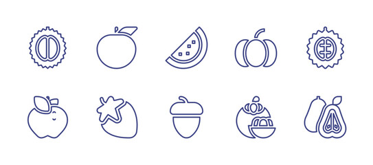 Fruit line icon set. Editable stroke. Vector illustration. Containing durian, apple, watermelon, pumpkin, strawberry, acorn, mangosteen, guava.