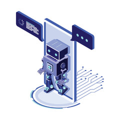 Artificial intelligence processing data on smartphone screen. AI in the form of bot coming out of the screen phone and offers to use digital mind. Isometric vector
