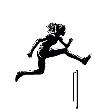 Woman jumping and running over hurdles