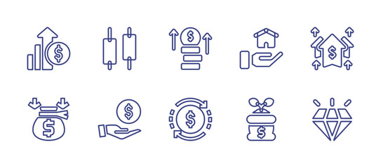 Investment line icon set. Editable stroke. Vector illustration. Containing profit, candle, investment, income, collect, money, money exchange, diamond.