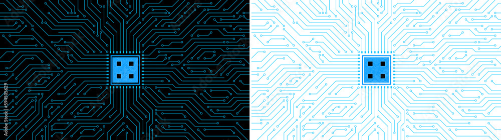 Poster circuit board with blue line and chip processor in the middle transparent background