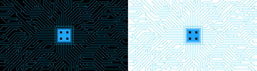 circuit board with blue line and chip processor in the middle transparent background