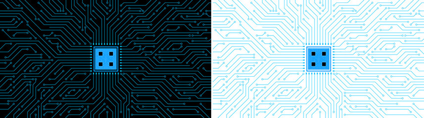 circuit board with blue line and chip processor in the middle transparent background