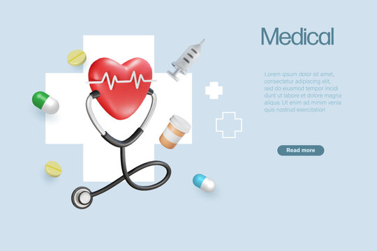 Stethoscope listen to cardiology heart with medical equipment and capsule pills. Medical service to solve patient health problem. Medical business and health insurance concept 3D vector.