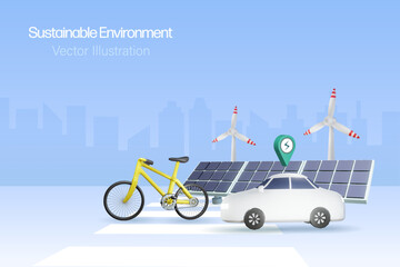 Green alternative renewable energy with solar panel, wind turbine, EV car and bicycle to reduce carbon emissions and sustainable positive environment. 3D vector.