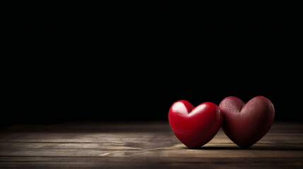 Fototapeta premium Two heart on rustic wooden floor against dark wall with copy space. generative ai