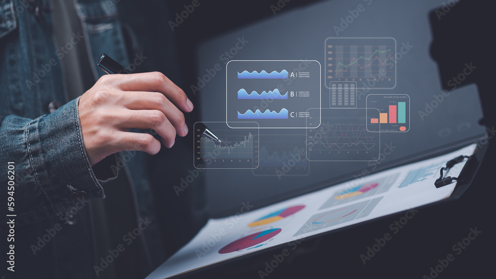 Poster Businessman reading graph report and business statistics charts ,Analysis and improvement of corporate strategy ,Statistics and Data Concepts ,update annual budget accounts ,business growth graph