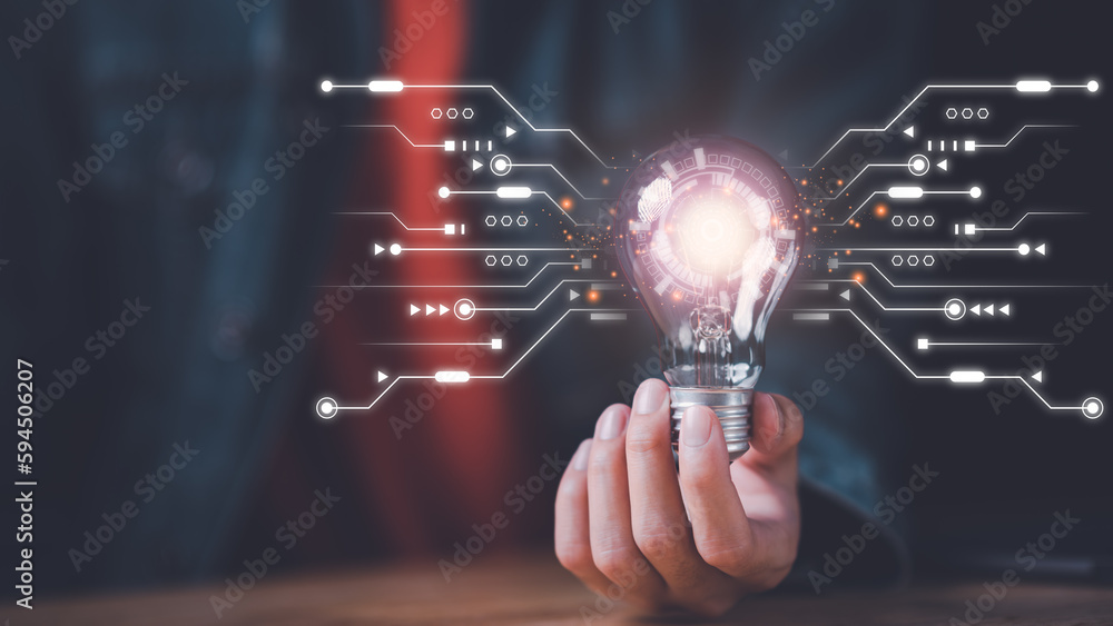 Poster concept of new ideas and innovation ,innovative idea in businessman hand ,big data network connectio